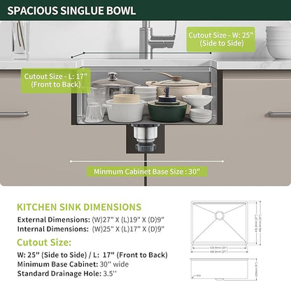 27-inch Undermount Kitchen Sink Workstation, SINKVINE 25x19 Outdoor Sink BBQ, Stainless Steel Single Bowl Basin w/Sapele-Wood Cutting Board, SST Colander w/Wood Handle, and Roll-up Dish Drying Unit