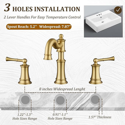 Bathroom Sink Faucet, Brushed Gold Roman Stlye Rotated Spout Vanity Basin Faucets 3 Holes 2 Handles 8 inches Widespread Deck Mount Brass Faucet for Sink with Overflow Pop Up Drain NL2204-BG