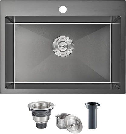 Kitchen Sink Drop in - TSIBOMU 20 x 16 Inch Kitchen Sink Topmount 18 Gauge Stainless Steel Single Bowl Overmount Bar Sink(Black)