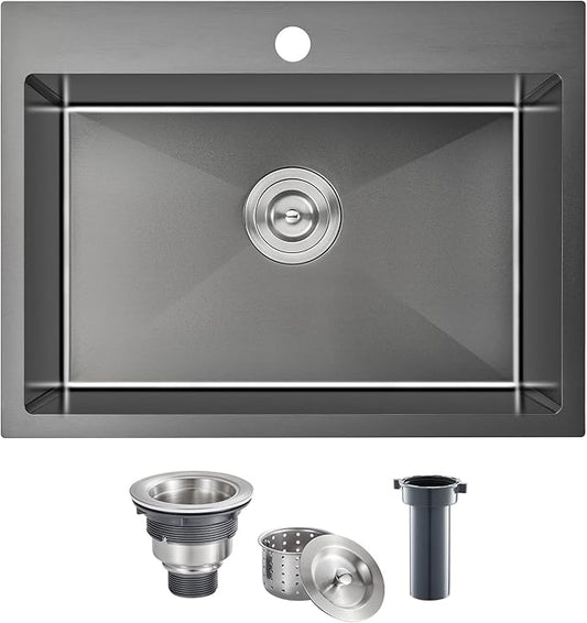 Kitchen Sink Drop in - TSIBOMU 20 x 16 Inch Kitchen Sink Topmount 18 Gauge Stainless Steel Single Bowl Overmount Bar Sink(Black)