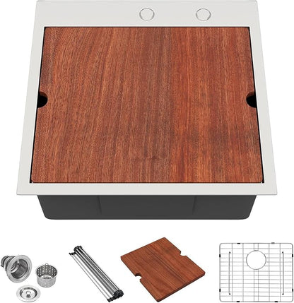 Lordear Drop in Kitchen Bar Sink 21x20x9 Inch Workstation 16 Gauge Stainless Steel Single Bowl Topmount Over Counter for Wet Bar/Prep/Small Kitchen with Cutting Board