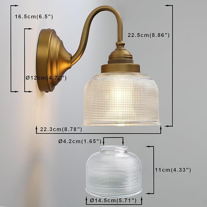Yosoan Brass Gold Vintage Wall Sconce with Striped Bowl Shade, 1-Light Indoor Modern Retro Vanity Industrial Wall Mounted Hardwired for Living Room Bedroom Fireplace Hallway(Antique)
