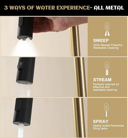 Kitchen Faucet with Pull Down Sprayer, Brushed Gold High Arc Stainless Steel Single Handle Kitchen Sink Faucet, 3 Spray Modes Metal Head, 1 Hole or 3 Hole Installation for Farmhouse