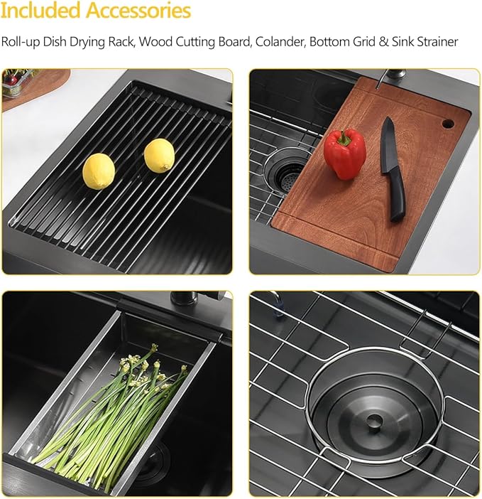 28 Black Drop In Farmhouse Kitchen Sink, Luckyhorse 16 Gauge Nano Black Stainless Steel 28x22 Inches Drop In Topmount Workstation Kitchen Farmhouse Sink With Apron Front LH008SZ