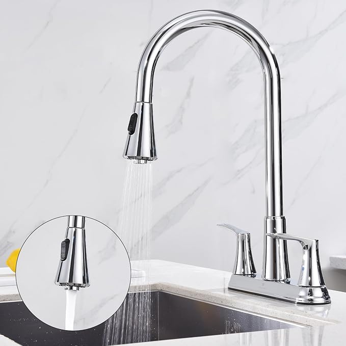 HOMELODY 2 Handles Kitchen Faucet with Pull Down Sprayer for 3 Hole Sink, 8 inch 360° Rotating Spout Centerset Kitchen Sink Faucet with Water Lines Chrome