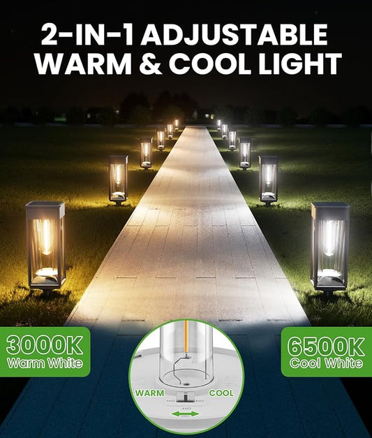 BITPOTT Solar Lights Outdoor, 2-in-1 Warm&Cool, 2 Pack Bright Solar Pathway Lights Waterproof IP65, Long Lasting Solar Path Light for Yard, Patio, Lawn, Garden, Landscape Decoration Lighting