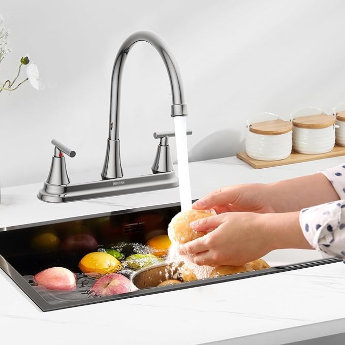 HURRAN 2 Handle Kitchen Sink Faucet, 8 Inch High Arc 360°Swivel Kitchen Sink Faucet, 3 Hole Kitchen Faucet Without Side Sprayer, Centerset RV Kitchen Faucet with Stainless Steel Pipe, Nickel
