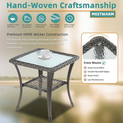 MEETWARM Wicker Outdoor Side Table, All-Weather Patio Rattan Side Table with Tempered Glass Top and Storage Shelf, Small Patio End Table for Outside Indoor Outdoor Balcony Porch Deck, Gray