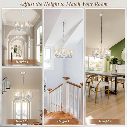 19.8'' 5-Light Chandelier for Dining Room Kitchen Island, Modern Farmhouse Pendant Lighting with Glass Shades Industrial Brushed Nicke Hanging Ceiling Light Fixture for Living Room, Height Adjustable