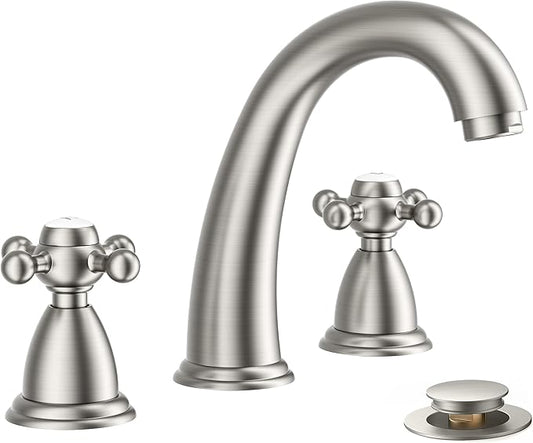 FORIOUS Faucet for Bathroom Sink 3 Hole, Brushed Nickel Bathroom Faucet Widespread with Pop Up Drain and Water Hose Supply, 2 Cross Handle Design, for Vanity RV Farmhouse Sink
