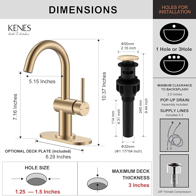 KENES Champagne Bronze Bathroom Faucet 1 Hole, Single Handle Gold Bathroom Sink Faucet for Vanity, Bar Sink Faucet with Drain Assembly & Deck Plate, Farmhouse RV Camper Outdoor Faucet, KE-9005B-CB