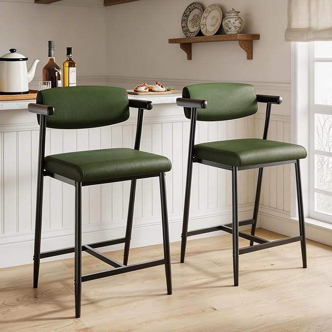 GarveeHome Counter Height Bar Stools Set of 6 with Armrests, 26" Upholstered 6pcs Tall Bar Stools Set, Long Backrest & Extra Thick Cushion, Modern High Barstools for Kitchen Island, Pub, Rustic Green
