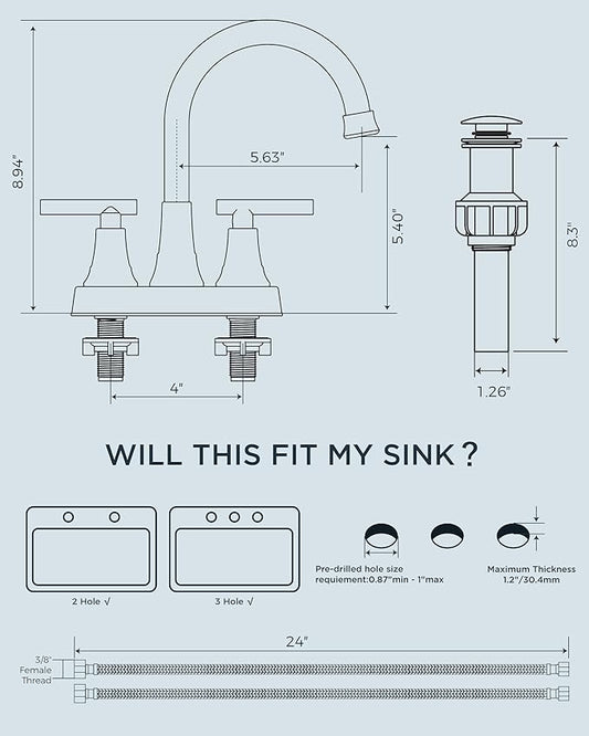 FORIOUS Black and Gold Bathroom Faucets, 4 Inch Centerset Bathroom Sink Faucet 2 or 3 Hole with Pop up Drain and cUPC Hose, Two Handles Control, 360° spout for Restroom,Vanity, RV