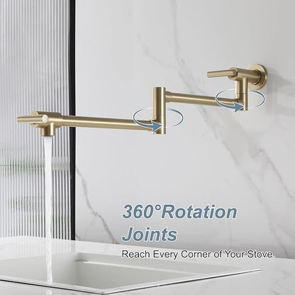 Wall Mount Pot Filler Faucet for Kitchen Upside Down Pot Filler Kitchen Folding Faucet with Dual Stretchable Double Joint Swing Arms, Brushed Gold