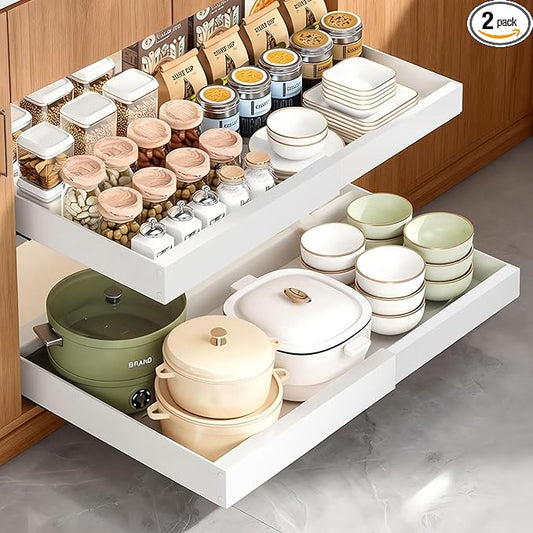 2-Pack Expandable Pull Out Cabinet Organizer, Slide Out Drawers with Upgrade 3 Slide Rails & Adhesive Nano Film, Heavy Duty Roll Out Shelf for Kitchen Base Cabinet, Adjustable Width 12"-22"