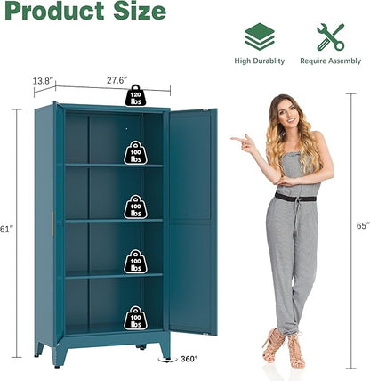 Bevivog 61" Farmhouse Metal Storage Cabinet with 2 Doors and 3 Adjustable Shelves, Tall Bathroom Cabinet Freestanding, Blue Metal Pantry Cabinets for Kitchen, Living Room, Home Office