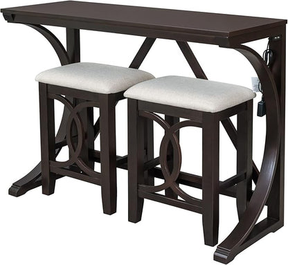 Polibi 3-Piece Farmhouse Counter Height Dining Set, Wood Kitchen Dining Table Set with USB Port and 2 Upholstered Stools for Small Places (Espresso)