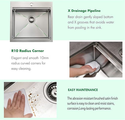 Kitchen Sink, 21 x 20 x 10 Drop in Kitchen Sink 16 Gauge Stainless Steel Kitchen Sinks Single Bowl Workstation Sink with Cutting Board