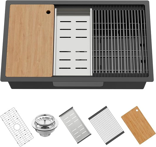 Black Kitchen Sink Workstation,32"x19" Stainless Steel Undermount Single Bowl Sink Built-in Ledge Drop In Workstation Sink Design For Place/Slide Accessories-Cutting Board,Drying Rack,Colander