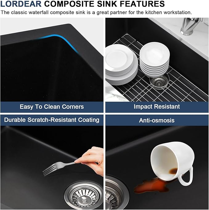 Lordear 31 Granite Composite Kitchen Sink Black 31X18 Inch Undermount Sinks Granite Composite Single Bowl Under Kitchen Sinks with Accessories