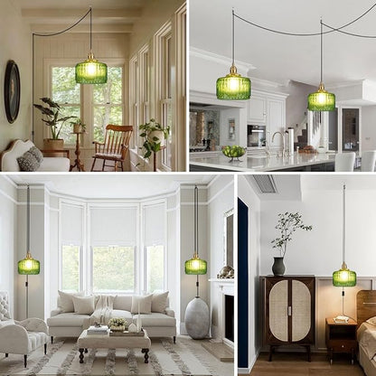 Vintage Plug in Pendant Light Fixture - Small Green Striped Glass Shade Adjustable Modern Hanging Lamp with Plug in Cord On/Off Switch Swag Pendant Lights for Kitchen Living Room