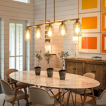 Kitchen Island Lighting, 5-Light Modern Dining Room Light Fixtures Over Table,Farmhouse Gold Linear Chandeliers for Dining Room, Industrial Pendant Lights Fixture with Clear Glass Shade