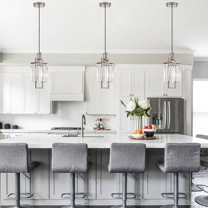 Modern Brushed Nickel Pendant Light Fixture for Kitchen Island and Dining Room, Industrial Small Hanging Crystal Chandelier Light Fixture for Bedroom Entryway Living room Foyer Hallway 3-Pack