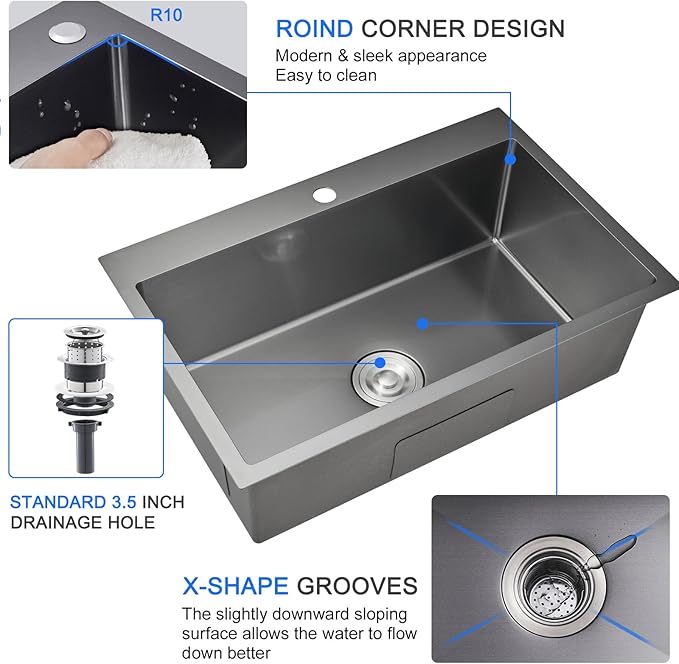 MENATT 28-inch Drop in Kitchen Sink, SUS304 Stainless Steel Single Faucet Hole Single Bowl Topmount Kitchen Sinks (Black), D28" x W18" x H9"