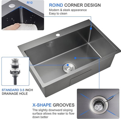 MENATT 28-inch Drop in Kitchen Sink, SUS304 Stainless Steel Single Faucet Hole Single Bowl Topmount Kitchen Sinks (Black), D28" x W18" x H9"