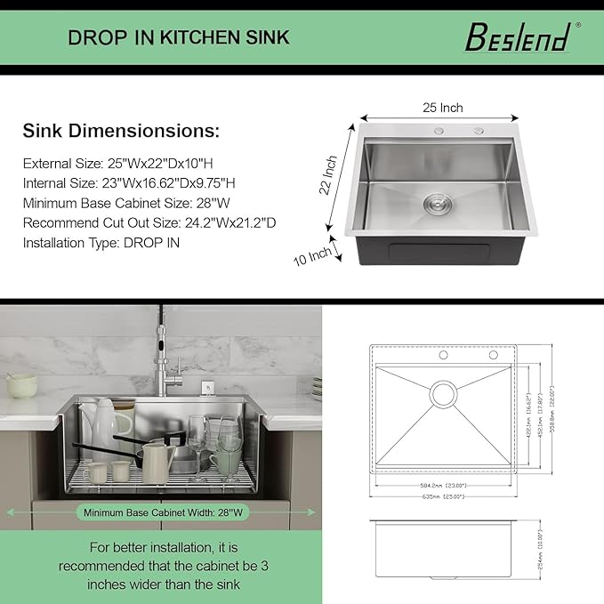 25 Drop In Kitchen Sink - Beslend 25x22 Inch Stainless Steel Sinks Ledge Workstation 16 Gauge Top Mount Handmade Single Bowl Kitchen Sink with Accessories