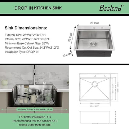 25 Drop In Kitchen Sink - Beslend 25x22 Inch Stainless Steel Sinks Ledge Workstation 16 Gauge Top Mount Handmade Single Bowl Kitchen Sink with Accessories