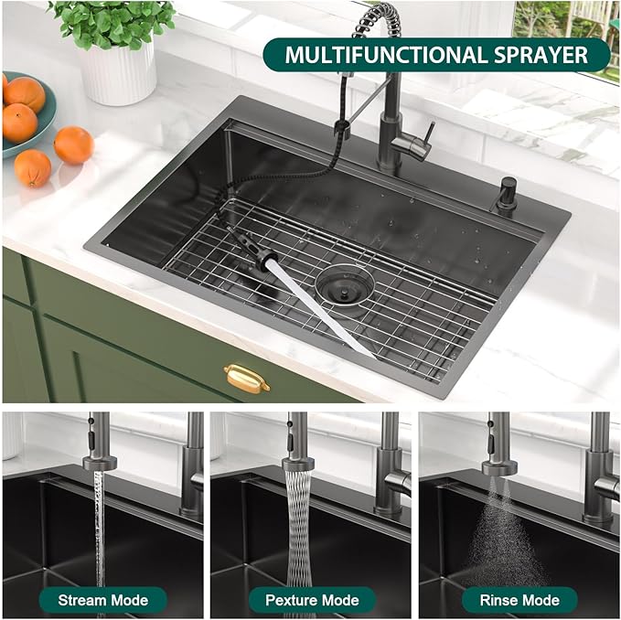 30 Inch Drop In Kitchen Sink with Faucet Combo - 30"x22" Workstation All-In One Gunmetal Black NANO-PVD 16 Gauge Stainless Steel Topmount Single Bowl Sink For Kitchen with Faucet #TLT-0023