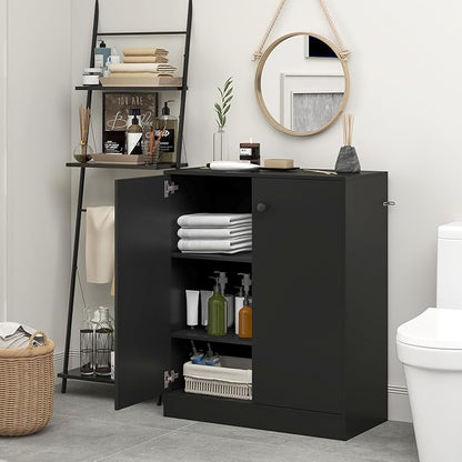 GRAFFY Wood Floor Storage Cabinet - Freestanding Sideboard Cabinet with 2 Doors and 3-Tier Shelves, Modern Storage Organizer for Living Room, Kitchen, Bathroom, Hallway, Dining Room, Entryway (Black)