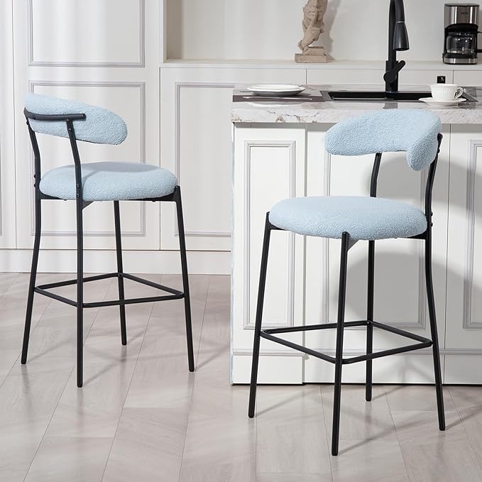26'' Counter Height bar stools Fabric Cover Kitchen Island Counter bar Stool with Black Powder Coating Base and footrest(Blue)