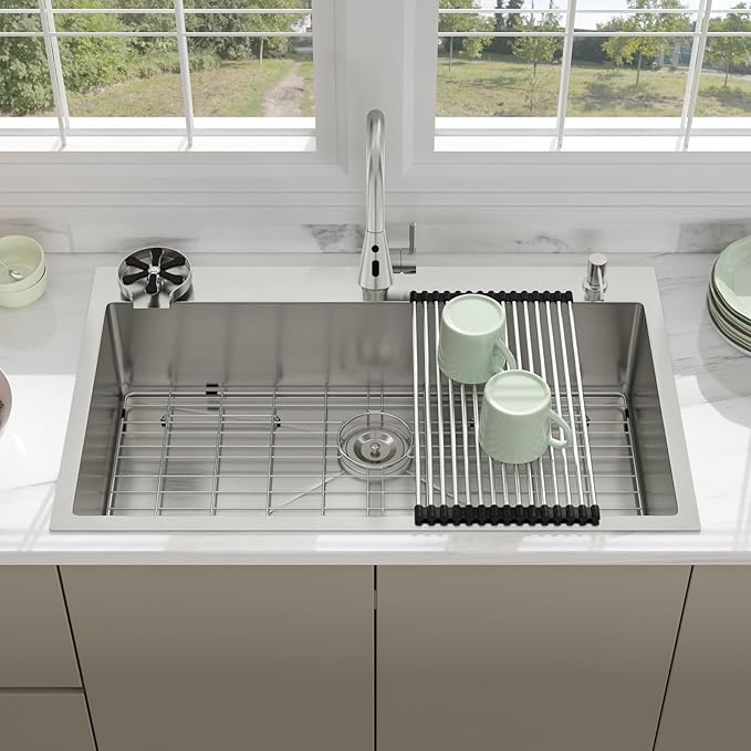 36 Drop In Kitchen Sink - Beslend 36x22 Kitchen Sink Drop In with Pull-Out Faucet, Stainless Steel Sinks and Soap Dispenser Topmount 16 Gauge Single Bowl Above Counter Dish Basin 9" Deep