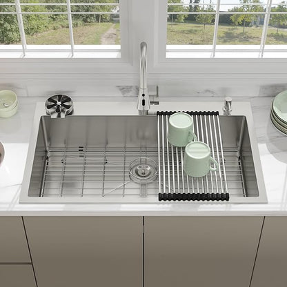 36 Drop In Kitchen Sink - Beslend 36x22 Kitchen Sink Drop In with Pull-Out Faucet, Stainless Steel Sinks and Soap Dispenser Topmount 16 Gauge Single Bowl Above Counter Dish Basin 9" Deep
