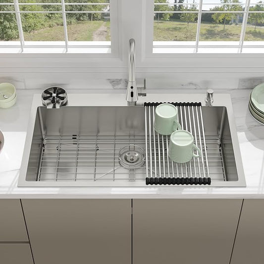 36 Drop In Kitchen Sink - Beslend 36x22 Kitchen Sink Drop In with Pull-Out Faucet, Stainless Steel Sinks and Soap Dispenser Topmount 16 Gauge Single Bowl Above Counter Dish Basin 9" Deep
