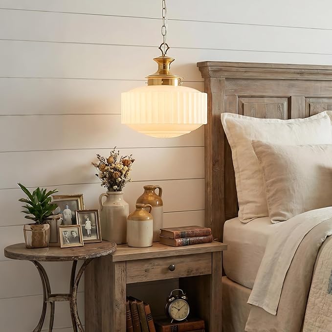 Vintage Schoolhouse Pendant Light 14" Milk Glass Pendant Light Farmhouse Brass Gold Chandelier Glass Pendant Light Fixture for Kitchen Island Lighting, Dining Room, Foyer