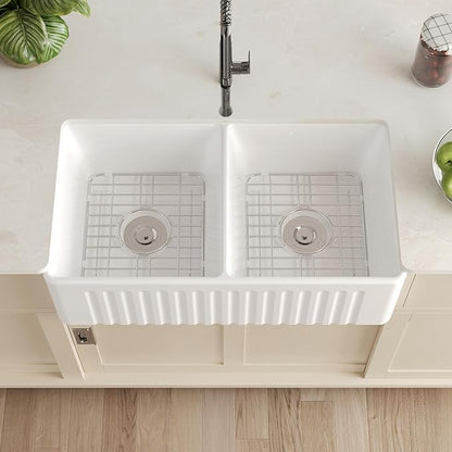 DeerValley Double Bowl Farmhouse Sink 33 inch, Ceramic Apron Front White Farm Sink, Deep Drop-in Fireclay Undermount Reversible Sinks with Grid & Strainer