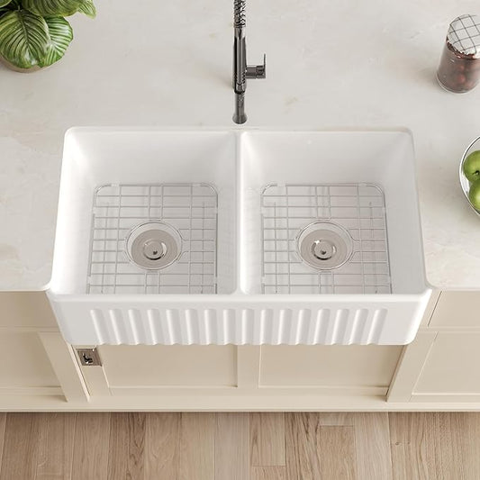 DeerValley Double Bowl Farmhouse Sink 33 inch, Ceramic Apron Front White Farm Sink, Deep Drop-in Fireclay Undermount Reversible Sinks with Grid & Strainer