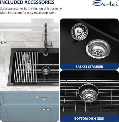 Sarlai 33 Granite Composite Kitchen Sink - 33"×22" Granite Kitchen Sink Drop In Topmount Matte Black Quartz Classic Above Counter Single Bowl Basin