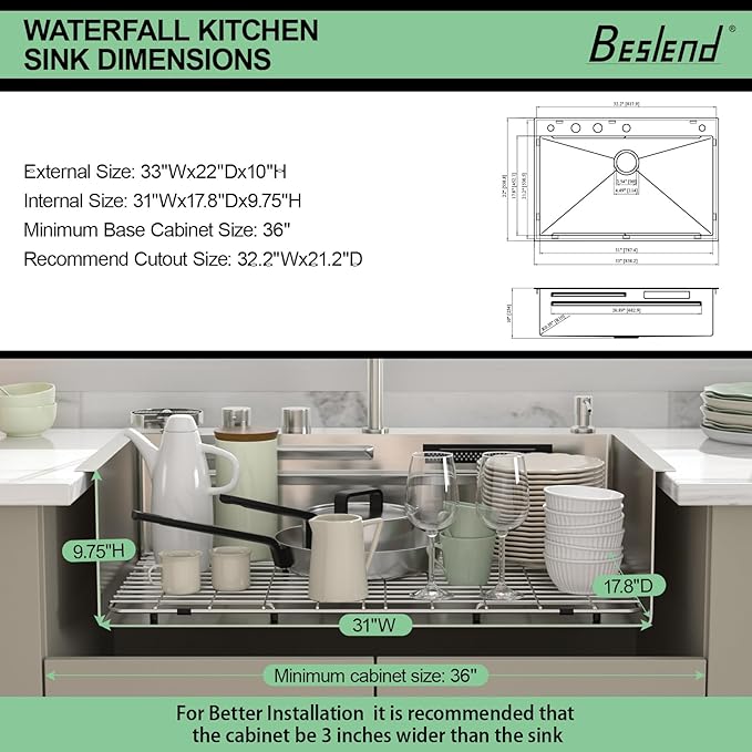 33 inch Drop In Kitchen Sink - Beslend 33x22x10 Waterfall Sink with Pull-Down Faucet 16 Gauge Stainless Steel, Double Track Workstation Kitchen Sinks with Faucet Combo, Handmade Dish Basin