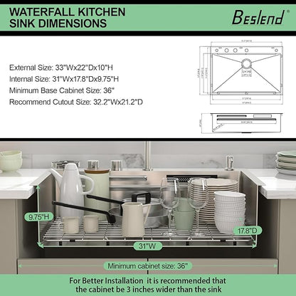 33 inch Drop In Kitchen Sink - Beslend 33x22x10 Waterfall Sink with Pull-Down Faucet 16 Gauge Stainless Steel, Double Track Workstation Kitchen Sinks with Faucet Combo, Handmade Dish Basin