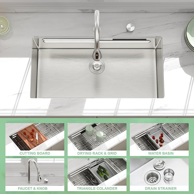 30 inch Undermount Kitchen Sink - Beslend 30x17x10 Waterfall Sink with Pull-Down Faucet 16 Gauge Stainless Steel, Double Track Workstation Kitchen Sinks with Faucet Combo, Handmade Dish Basin