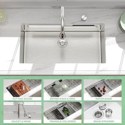 33 inch Undermount Kitchen Sink - Beslend 33x17x10 Waterfall Sink with Pull-Down Faucet 16 Gauge Stainless Steel, Double Track Workstation Kitchen Sinks with Faucet Combo, Handmade Dish Basin