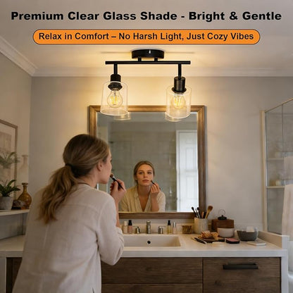 HiBay 2-Light Track Lighting Fixture Black, Ceiling or Wall Mount Rotatable Spotlights with Glass Shades, Modern Farmhouse Industrial Lights for Bedroom, Kitchen Sink, Loft, E26 Base