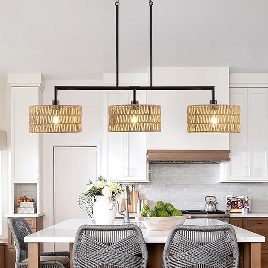 47" Hand Woven Rattan Chandeliers for Dining Room, 3-light Boho Linear Chandeliers Large Farmhouse Kitchen Island Lighting, Black Finish Pendant Light Fixtures Over Table, Bar, Living Room,E26