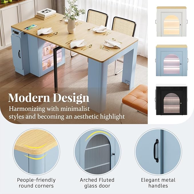 Mobile Extendable Dining Table with 3 Removable Middle Leaves and Power Outlets for 2-5 People, Kitchen Island with Storage Cabinet and Drawers, Kitchen Island Cart for Dining Room (Grey Blue)