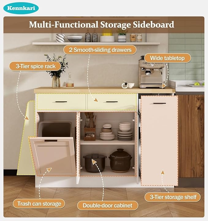 58'' Multi-Functional Storage Sideboard with Trash Can Storage and Adjustable Shelves, Console Table with Sliding Door Cabinet, Kitchen Island with 3-Tier Spice Rack for Dining Room (White)