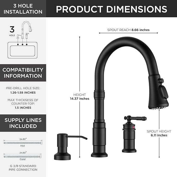 FORIOUS 3 Hole Black Kitchen Faucet with Soap Dispenser, Stainless Steel Vintage Pull Down Sprayer Kitchen Sink Faucet with Single Seperate Handle, Suitable for Farmhouse Outdoor Camper Rv Bar